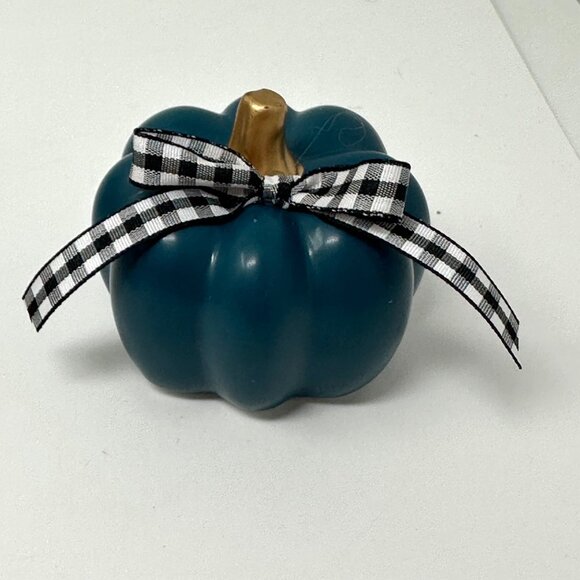 Fall Mini Pumpkins Set Orange Gray Teal with Gingham Bow Farmhouse Tiered Tray - Picture 4 of 11